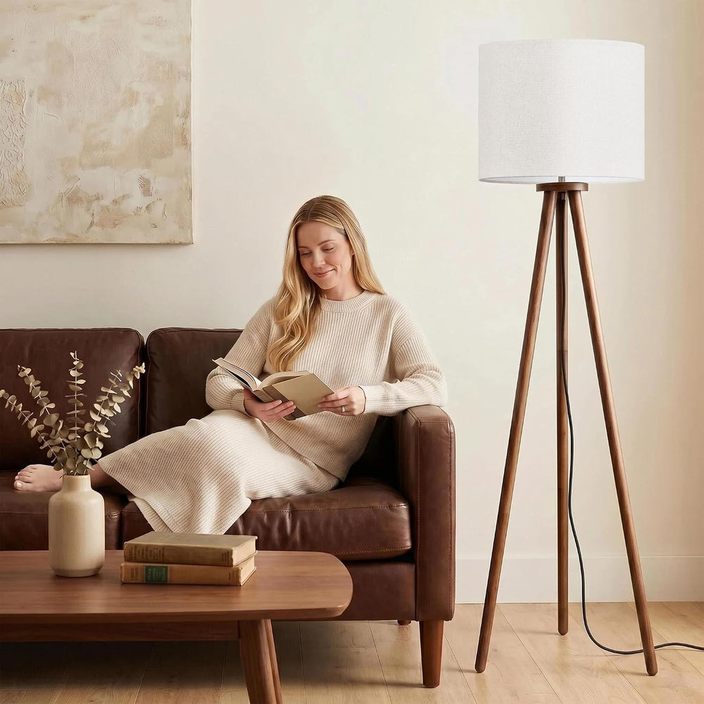 Buruis 60.6 Inch Walnut Wood Tripod Floor Lamp with Linen Drum Shade, Cream