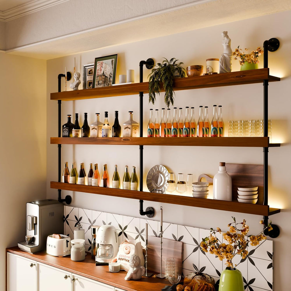 Bar Shelves, Wall Mounted Wine Rack, Walnut Brown, 72 Inch