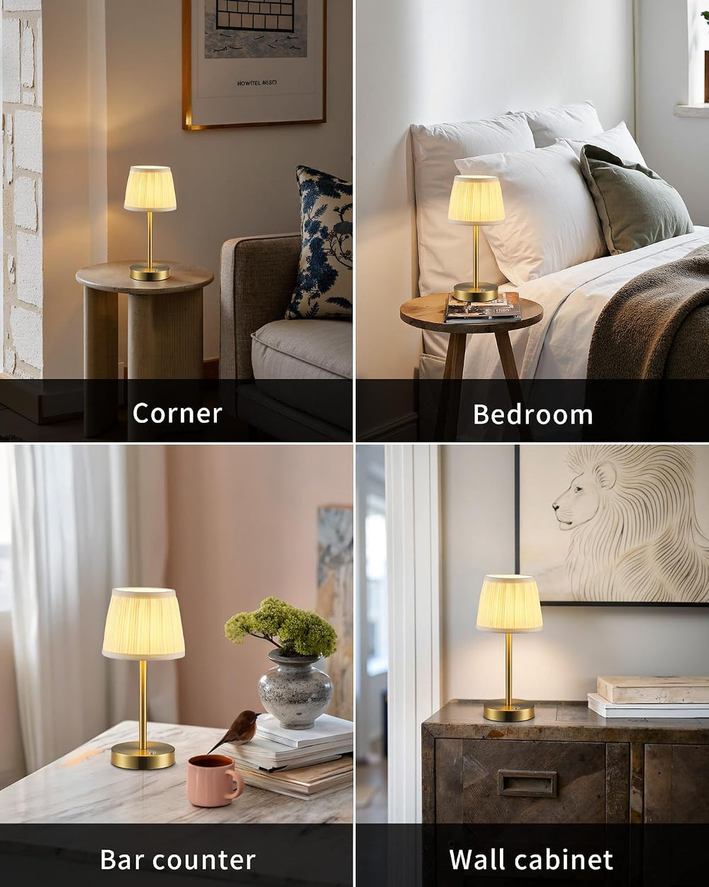 PUSU 2 Pack Cordless Gold Table Lamps, Fabric Shade Bedside Small Lamp
