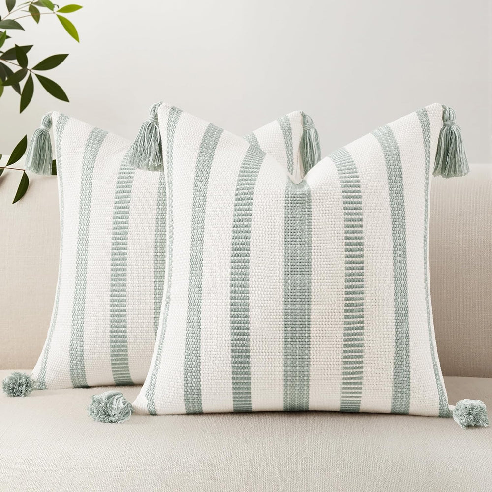 Smile Bee Outdoor Striped Pillow Covers 20x20 Set of 2 Sage Green and White