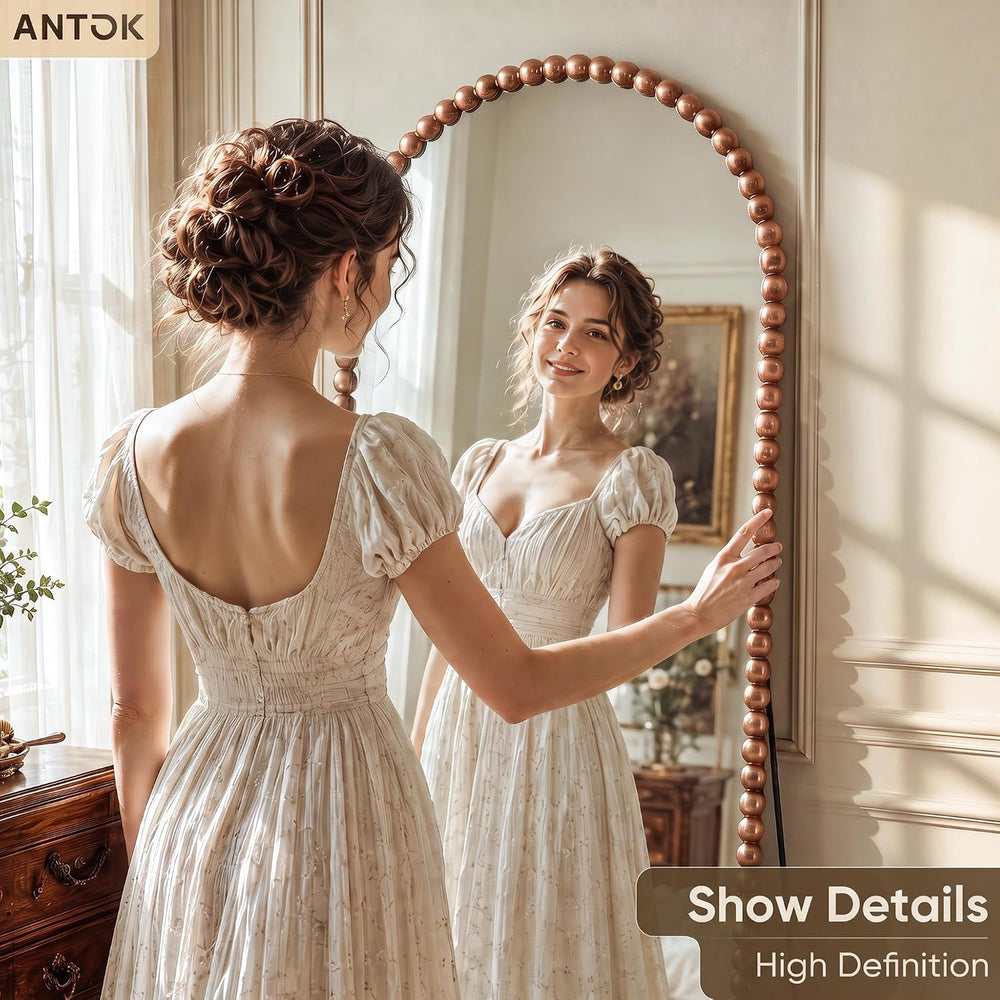 Antok 76" x 34" Arched Full Length Mirror, Antique Beaded Frame Flo...