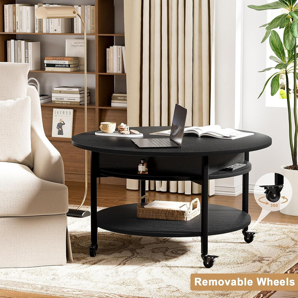 FABATO Small Round Lift Top Coffee Table with Wheels and Storage, Black