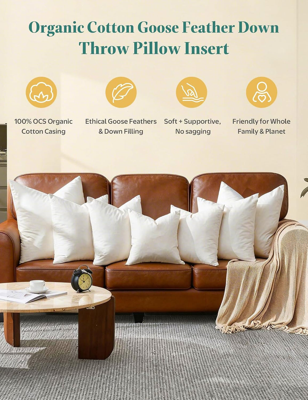 APSMILE Goose Feather Down Throw Pillow Inserts 18x18 Inch, Set of 2