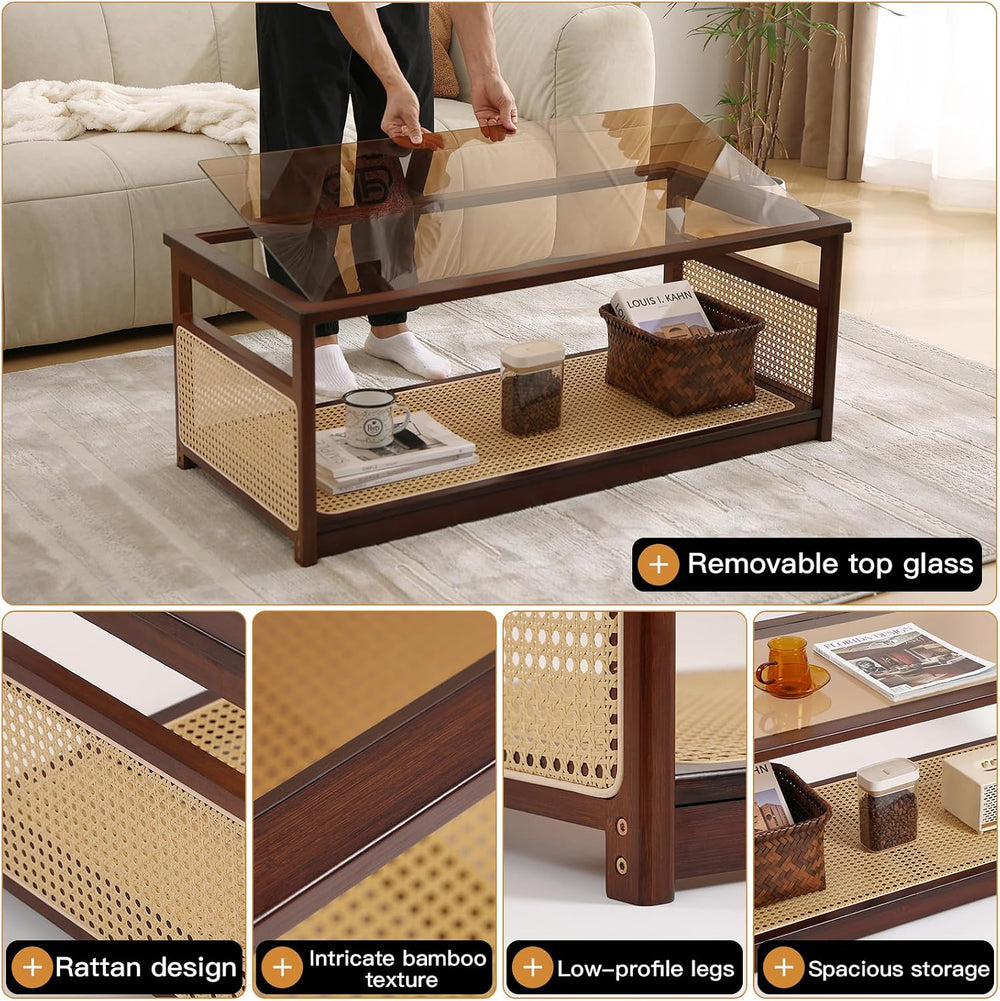 Welnow Rattan Coffee Table, 2-Tier Rectangle Center Table, 47.5", Walnut