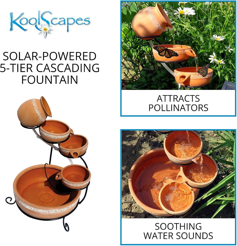 Koolscapes Solar-Powered 5-Tier Cascading Fountain, Terracotta Clay Pots, Sel...