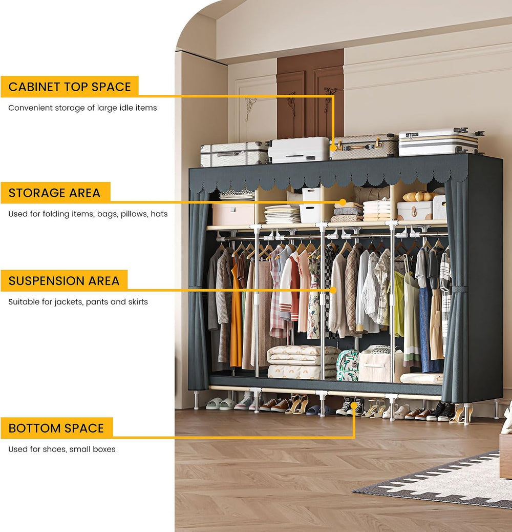 Large Portable Armoire Wardrobe Closet with 4 Hanging Rods and Lockers,Metal ...
