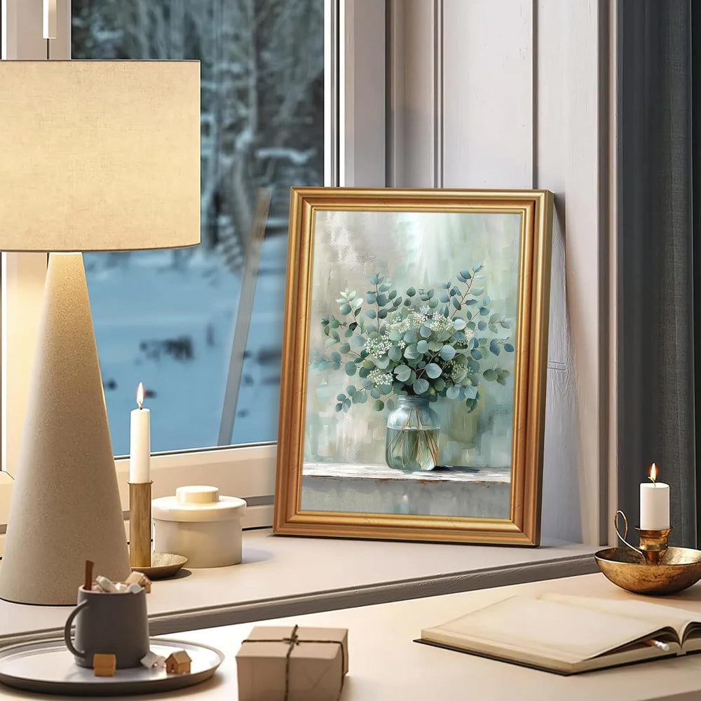 EJPFOGV White Flowers Eucalyptus Still Life Framed Canvas Wall Art 12x16 in