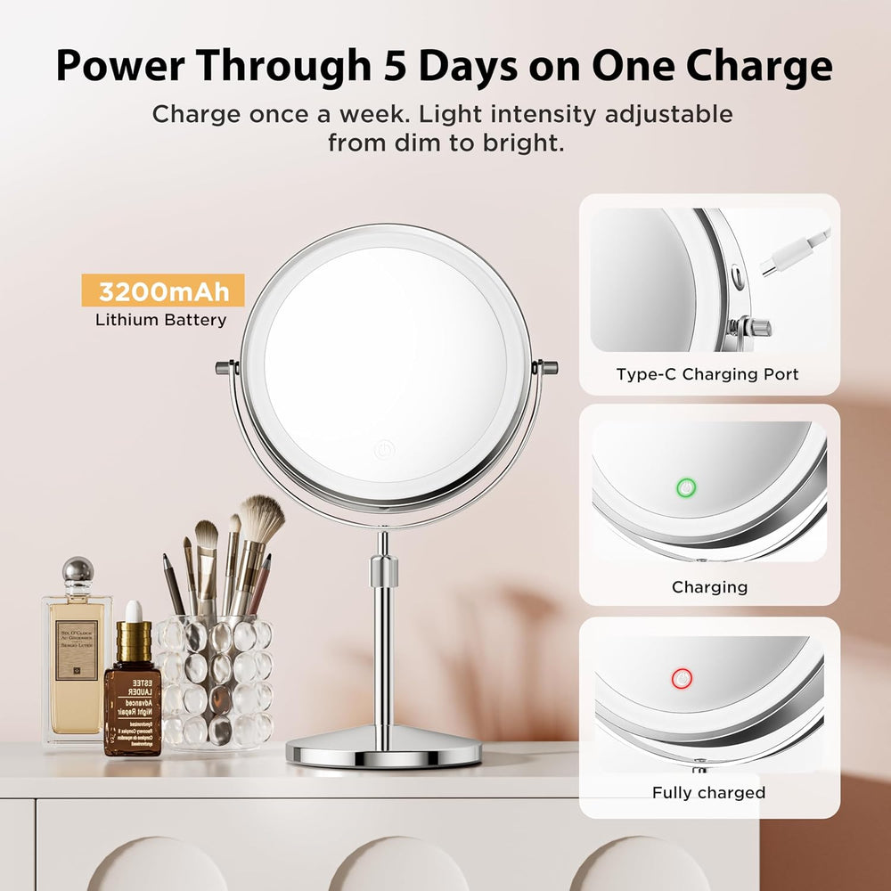 Double-Sided Makeup Mirror with Light, 1X/30X, 3 Colors, 3200mAh