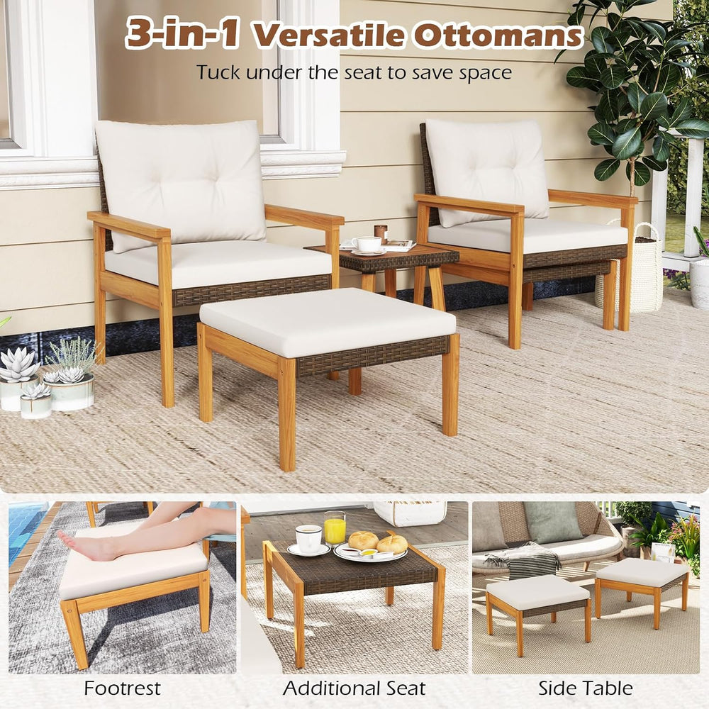 Tangkula 5 Piece Rattan Furniture Set, Wood Frame Chairs & Ottomans w/Squ...