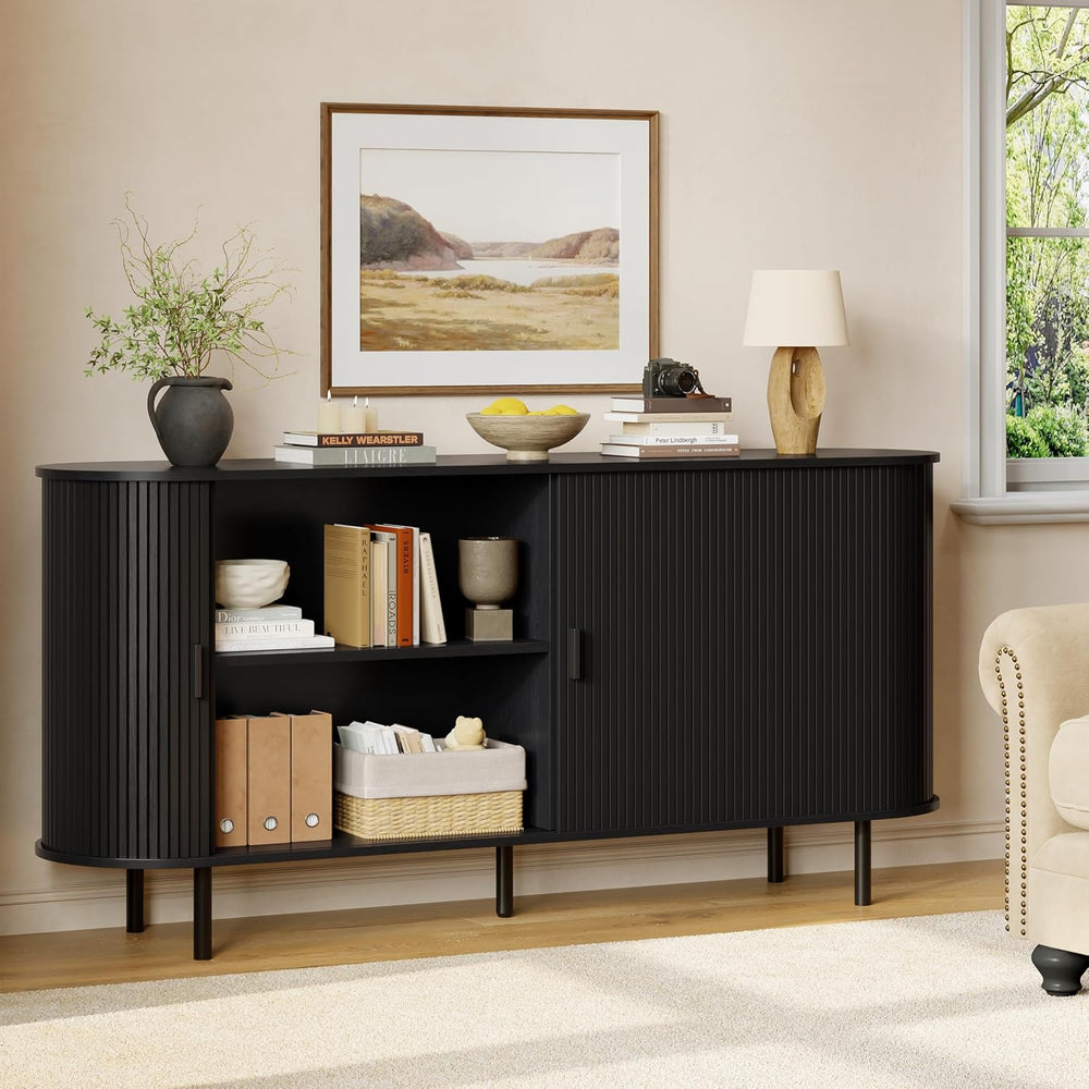 ComfyCorner 63" Fluted Buffet Sideboard Cabinet with Sliding Door, Black
