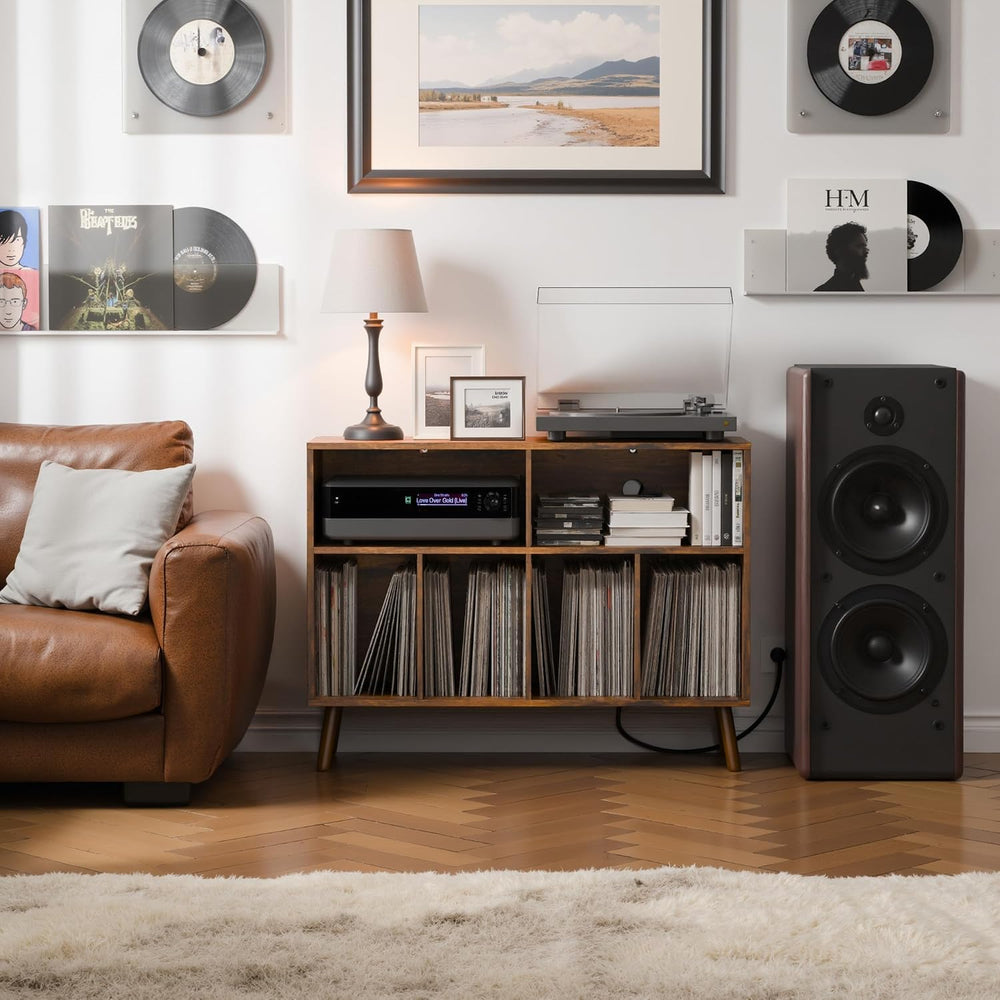 Cozy Castle Record Player Stand with Vinyl Storage Cabinet, Wood Turntable Ta...