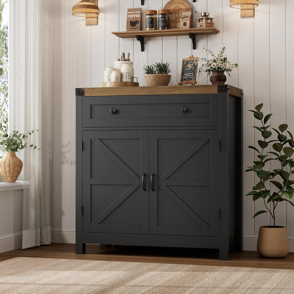 HOSTACK Kitchen Storage Cabinet, Farmhouse Coffee Bar Cabinet, Black/Brown