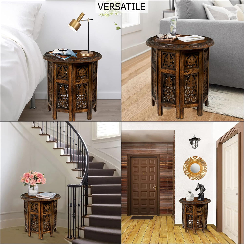 COTTON CRAFT Solid Wood End Table - Hand Carved Folding Accent Side Table