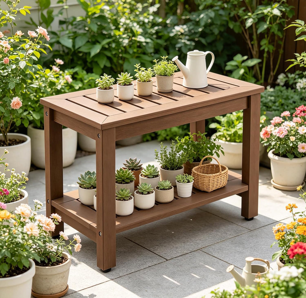Psilvam 28" Poly Lumber Outdoor Patio Coffee Table with Storage Shelf,Brown