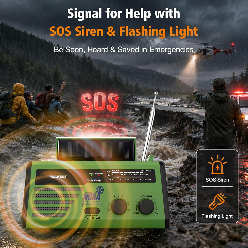 Peakeep NOAA Emergency Weather Radio Alert with Crank Solar Battery Powered