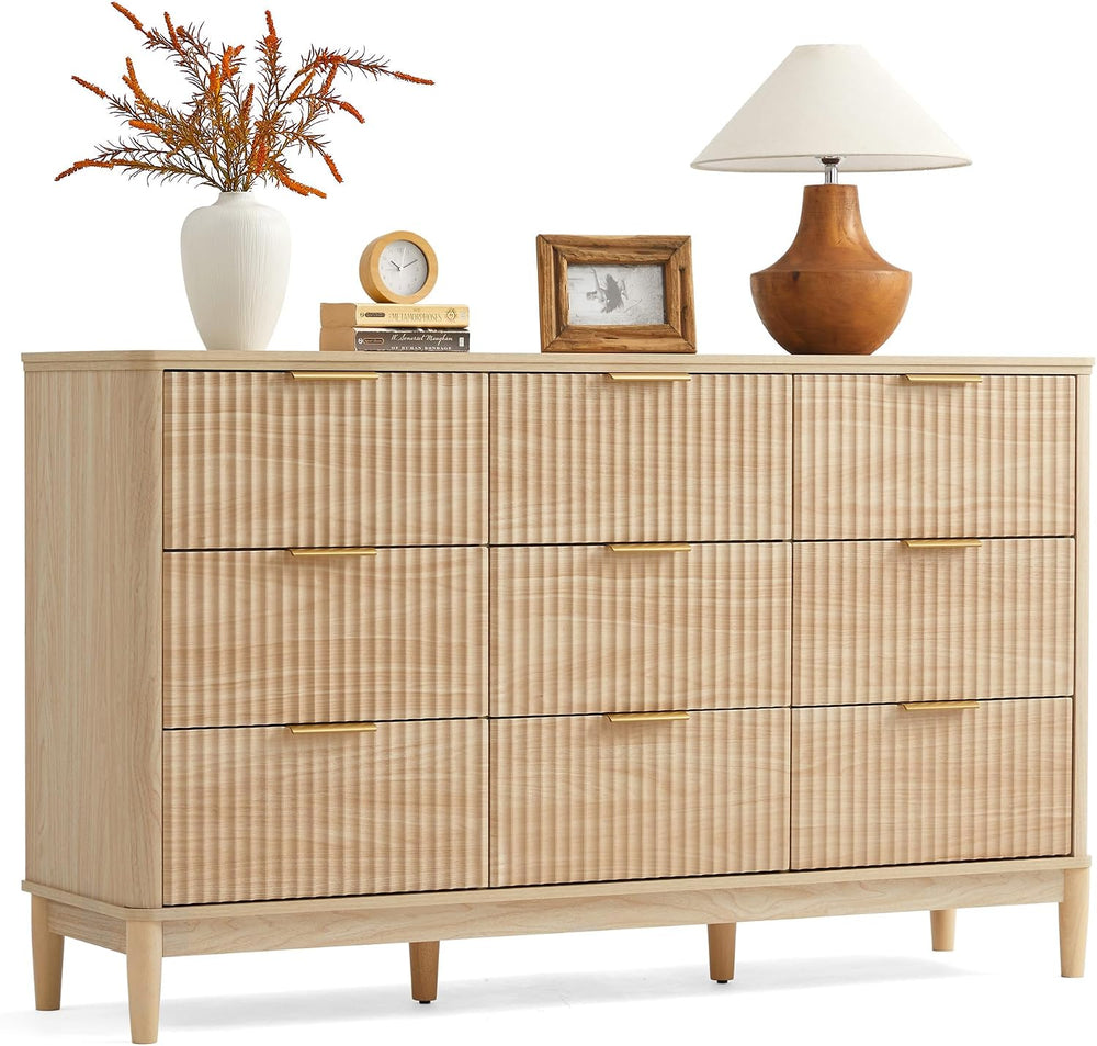 LINSY HOME Fluted Dresser for Bedroom with 9 Drawers, 58" Wide Mid Centu...