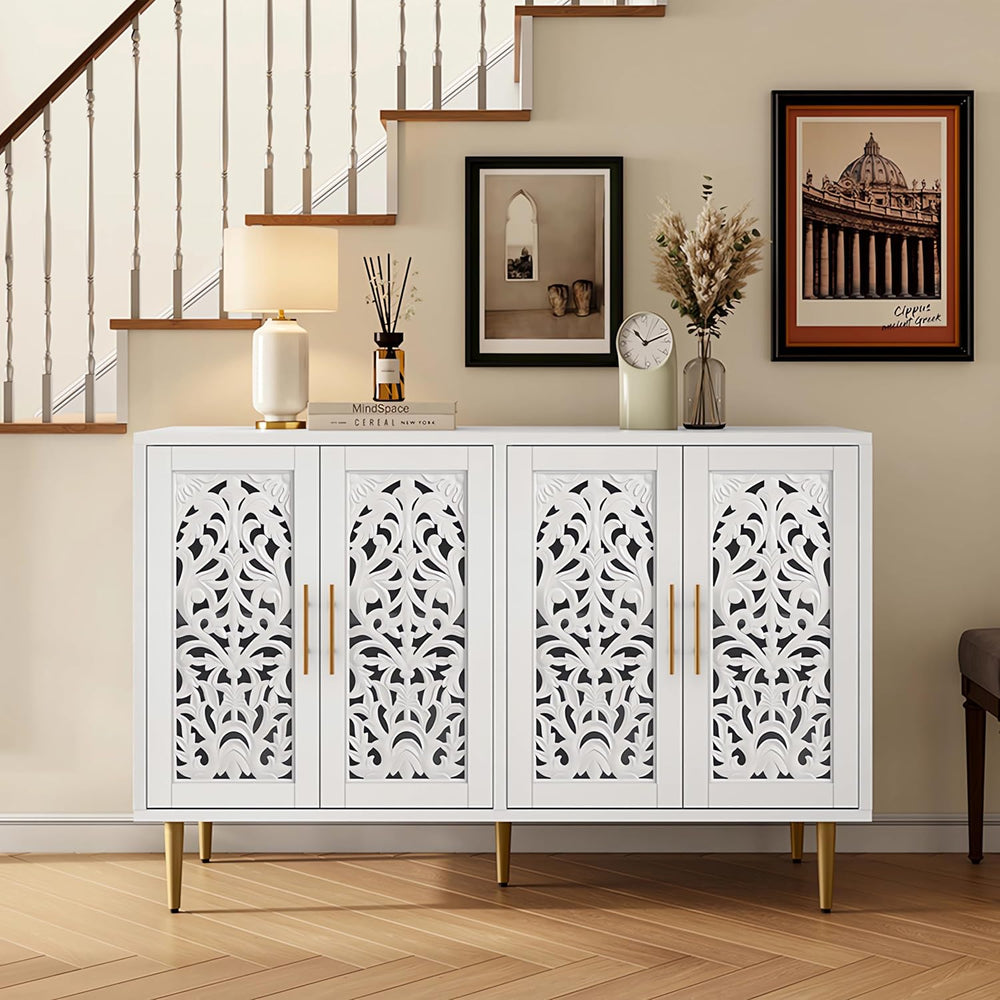 ARTPOWER 47.8" Vintage Accent Cabinet with 4 Hollow Carving Doors, White