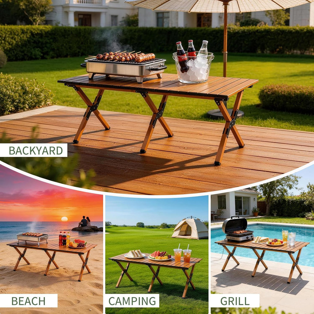 Roll-Up Camping Table Portable Low Folding Table for Outdoor -Brown