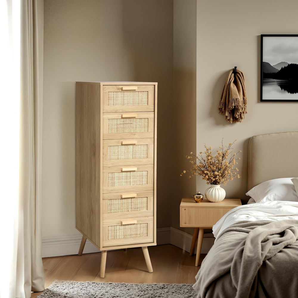 Finnhomy Rattan Dresser for Bedroom, Tall Dresser with 6 Hand Made Rattan Dec...
