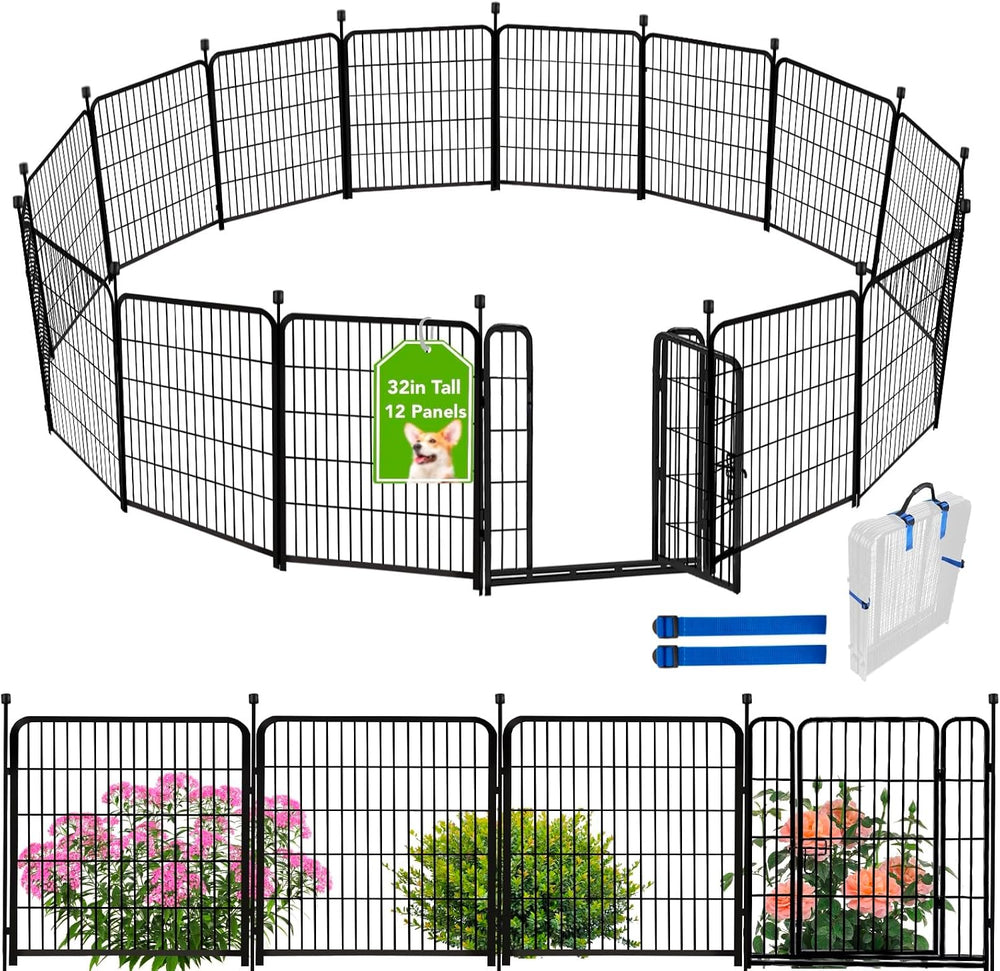 ADAVIN Dog Fence, 32in Tall Garden Fence Animal Barrier, 12 Panels | 26.6Ft H...