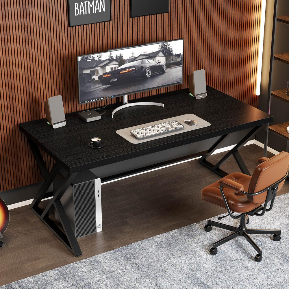 LVB 55 Inch Black Modern Computer Office Desk Metal & Wood Writing Desks