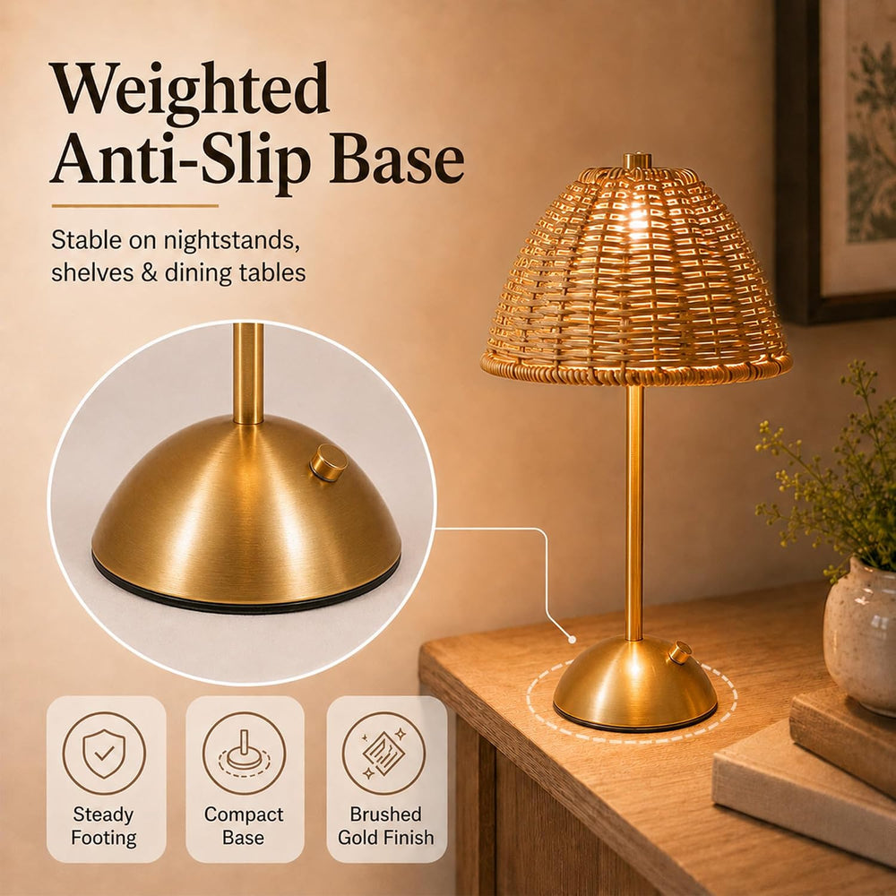 2 Pack Boho Rattan Table Lamp, Cordless Rechargeable Reading Night Light
