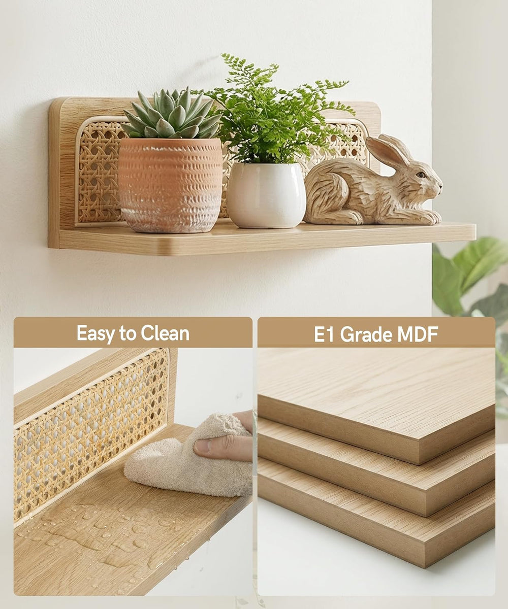 Rattan Wall Shelf, Boho Wood Floating Shelves, 16 Inch