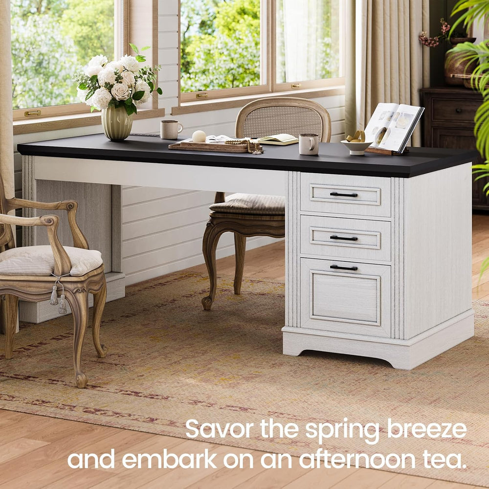 Itaar Farmhouse 55" Executive Desk, Computer Desk with Storage Drawers a...