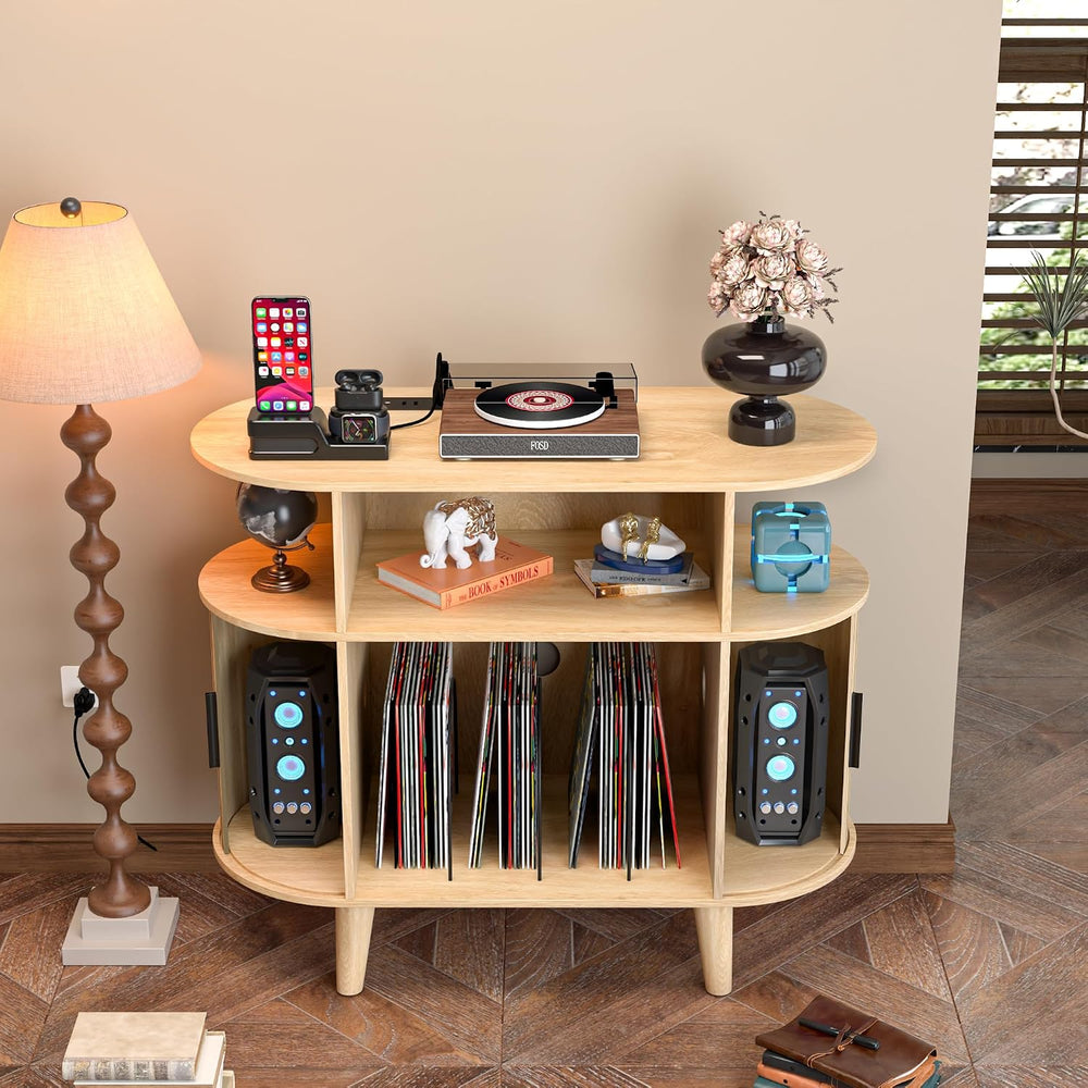 LUVIOHOME Large Round Record Player Stand with Charging Station & USB Ports