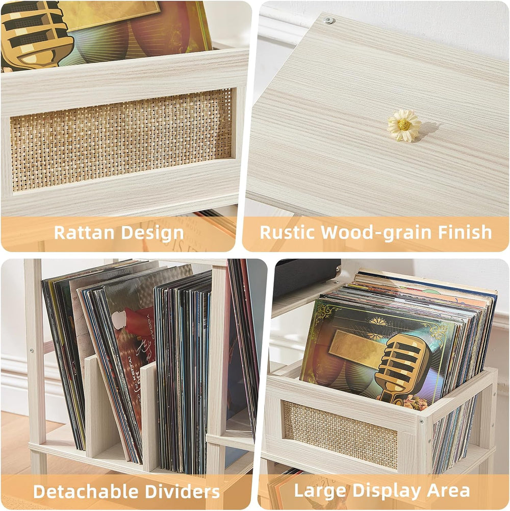 LELELINKY Record Player Stand, White Cream Oak Wood Record Holder with Vinyl ...