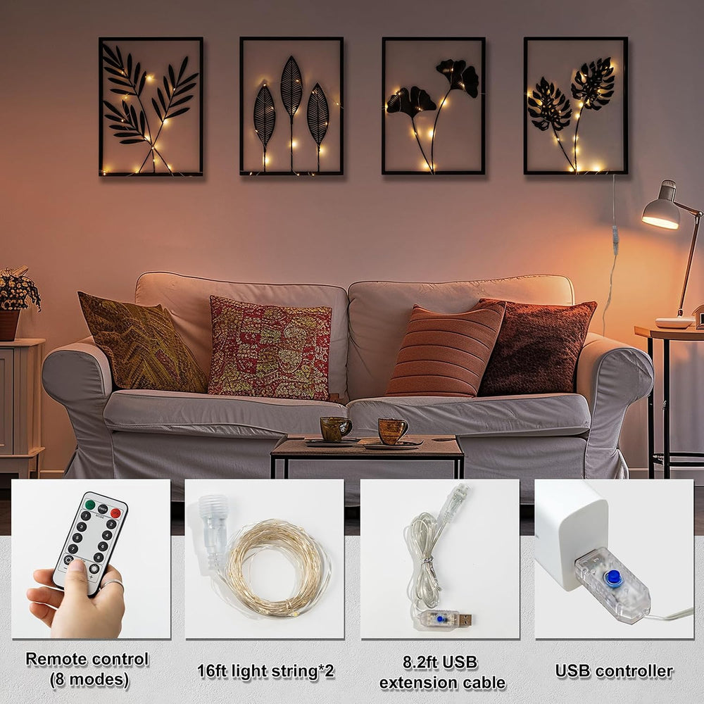 4 PCS Black Metal Wall Decor Framed with LED Lights, 16x11 Line DéCor