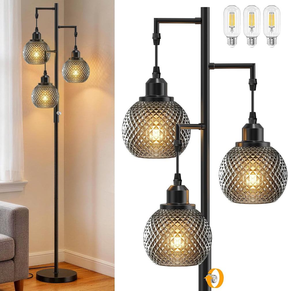 QiMH Modern Glass Floor Lamps for Living Room, 3 Lights Standing Lamp, Grey