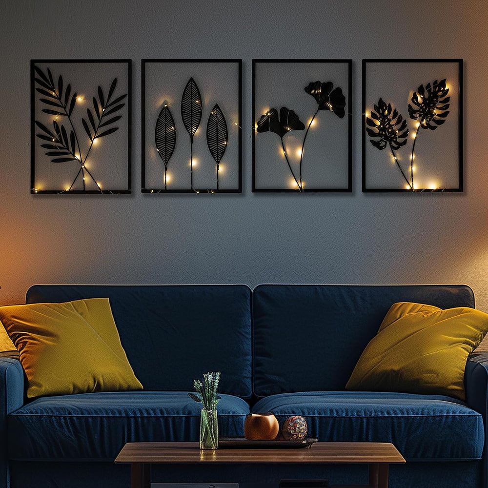 4 PCS Black Metal Wall Decor Framed with LED Lights, 16x11 Line DéCor