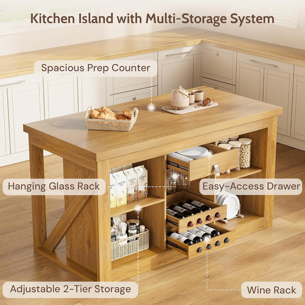 Viviwood Kitchen Island with Storage, 55" Farmhouse Stationary Island Ta...