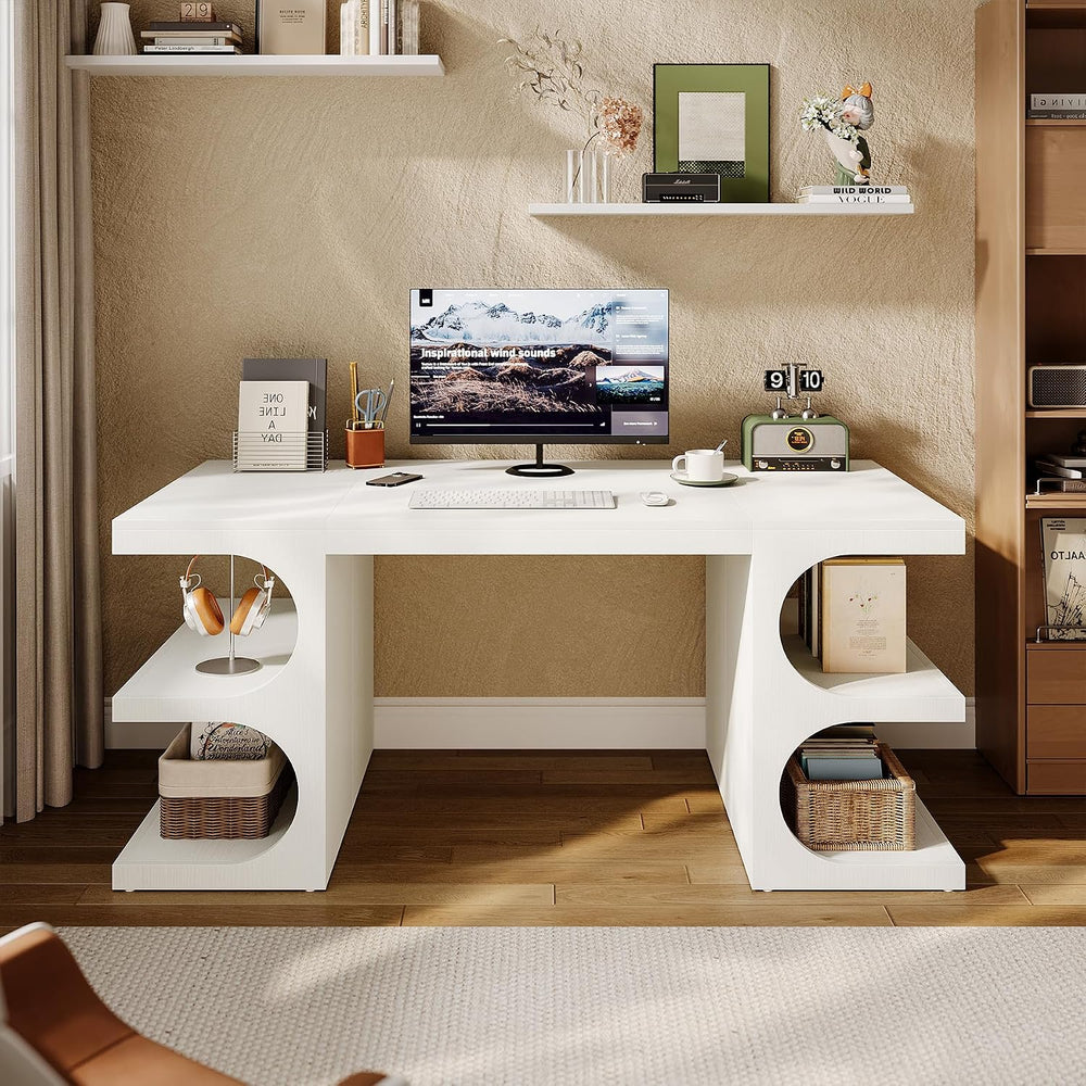 Tribesigns White Executive Office Desk, 63" Computer Desk with Storage S...