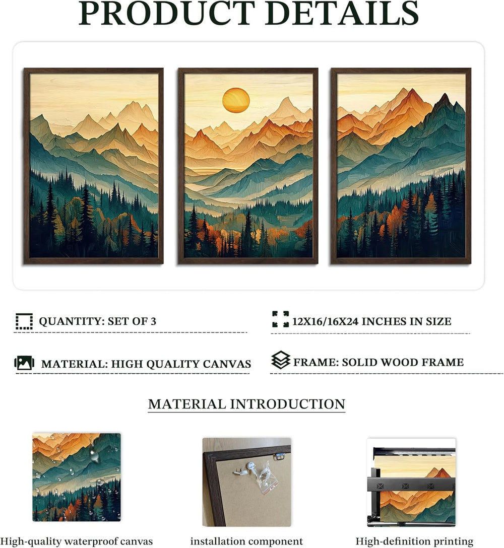 Mountain Wall Art Set of 3, Landscape Wall Decor, Teal Orange Forest Canvas P...