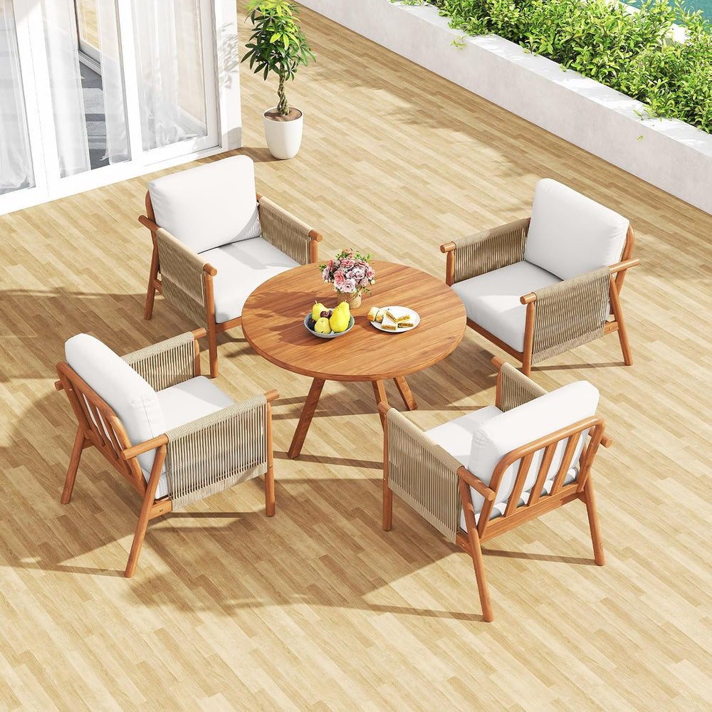 Tangkula Acacia Wood Patio Club Chair, Boho Accent Chair with Woven Rope Armr...