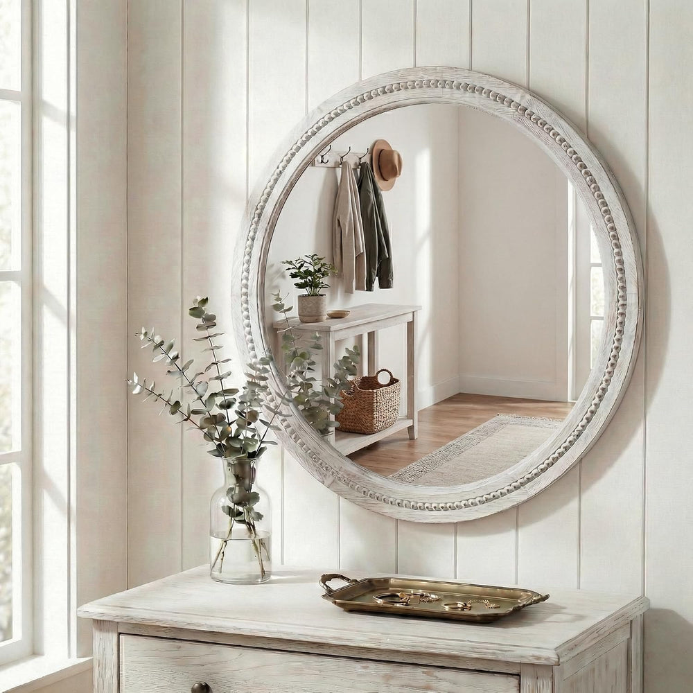 Solid Wood 30 Inch Round Beaded Bathroom Mirror, Distressed White
