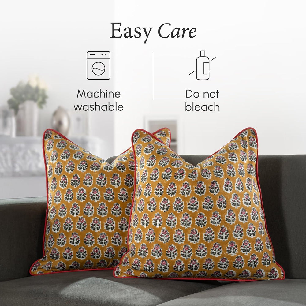 CPC Yellow Citrine Block Print Throw Pillow Covers 18x18 Inch, Pack of 2