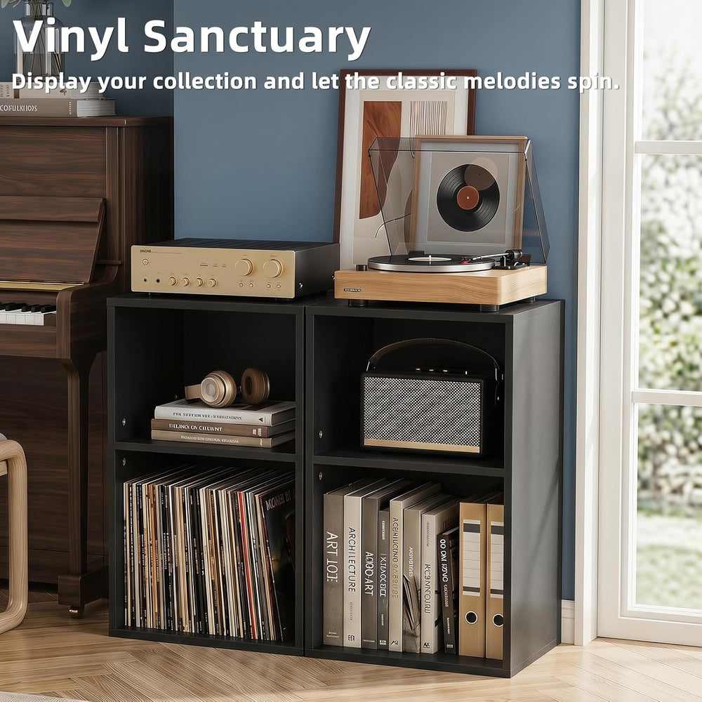 YAHARBO 2 Cube Bookshelf, Black Record Player Stand with Vinyl Storage Up to ...