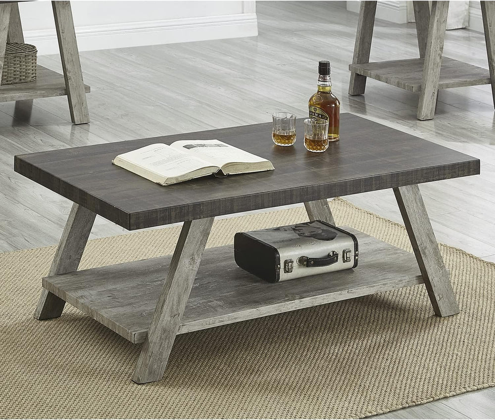 Roundhill Furniture Athens Contemporary Wood Shelf Coffee Table, Weathered Wa...