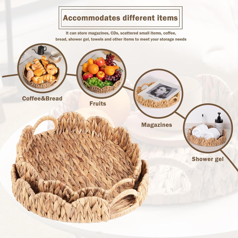 2-Pack Wicker Basket Tray, Round Serving Tray with Handles, Rattan Woven Deco...