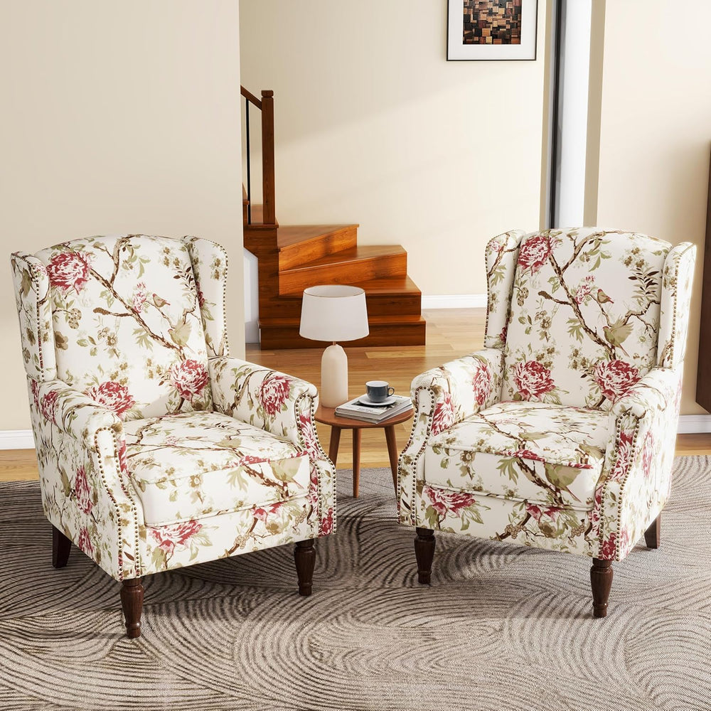 Floral High Back Accent Chairs Set of 2, Wingback Armchair in Fabric