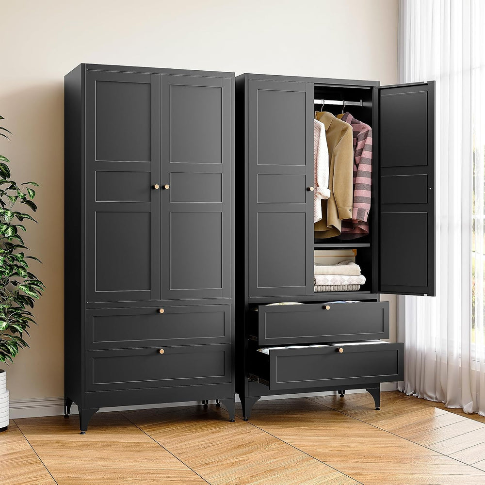 BYNSOE 71" Tall Metal Wardrobe Closet with 2 Drawers, Steel Armoire Cabi...