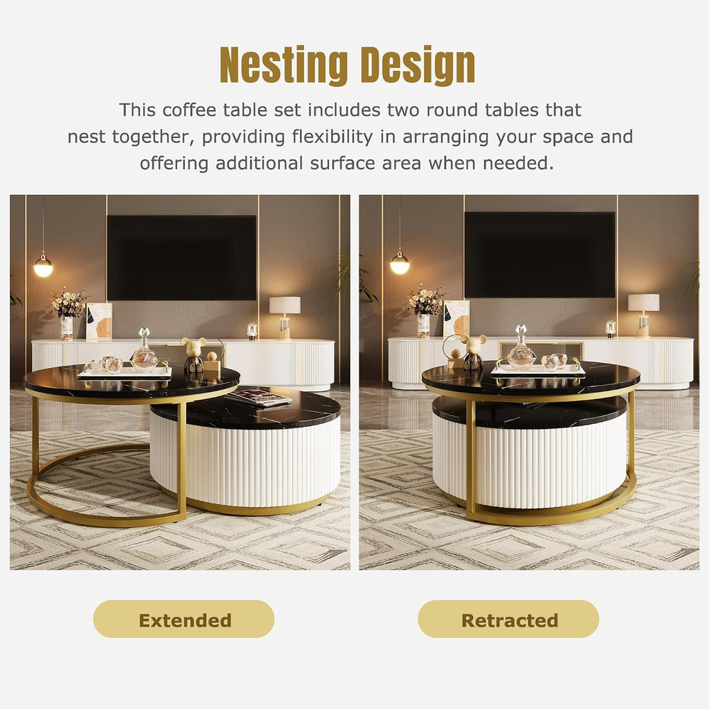 Modern Round Nesting Coffee Table Fluted with Drawer in Black & Gold in 3...