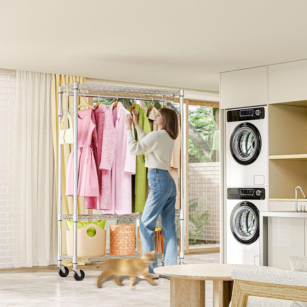 M MZG Heavy Duty Rolling Garment Rack 3 Tiers Adjustable Wire Shelving Clothe...