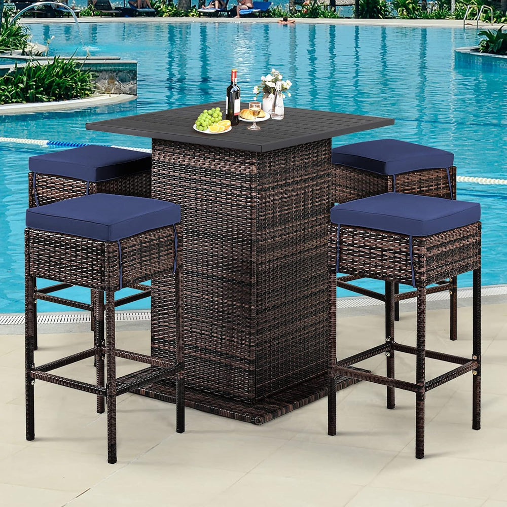 Tangkula 5 Piece Rattan Bar Table and Chairs Set Wirth 4 Cushioned Stools