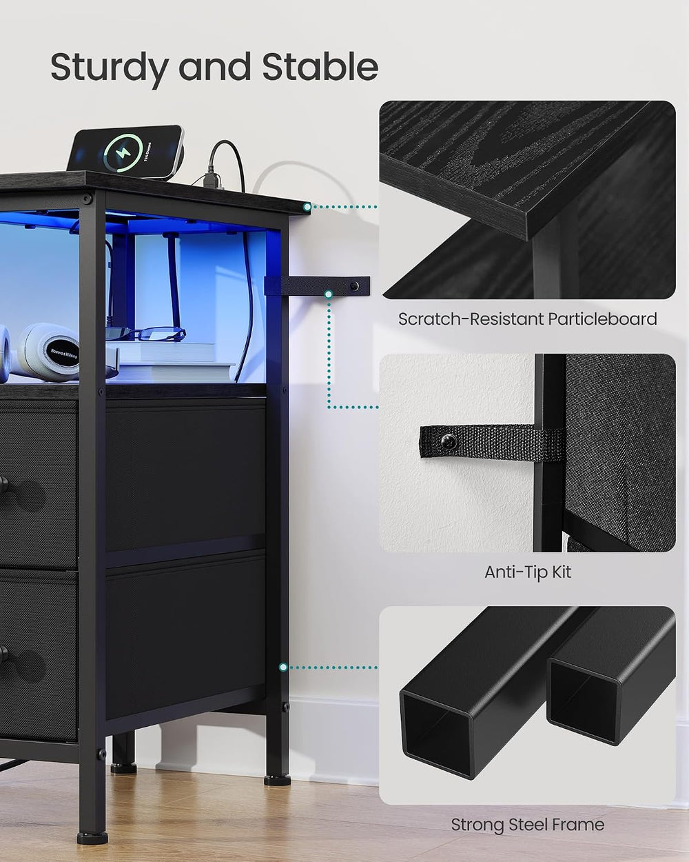 SONGMICS Side Table with LED Light, Narrow End Table with 2 Fabric Drawers