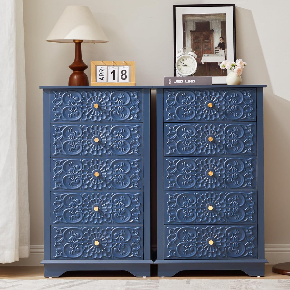 weselon 5 Drawer Dresser for Bedroom, Narrow Chest of Drawers with Floral Fro...