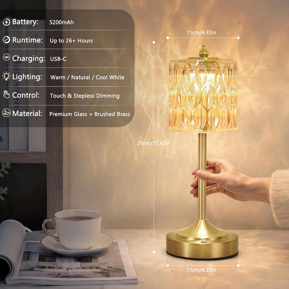 Cordless Table Lamp, 5200mAh Rechargeable Amber Glass Touch Lamp